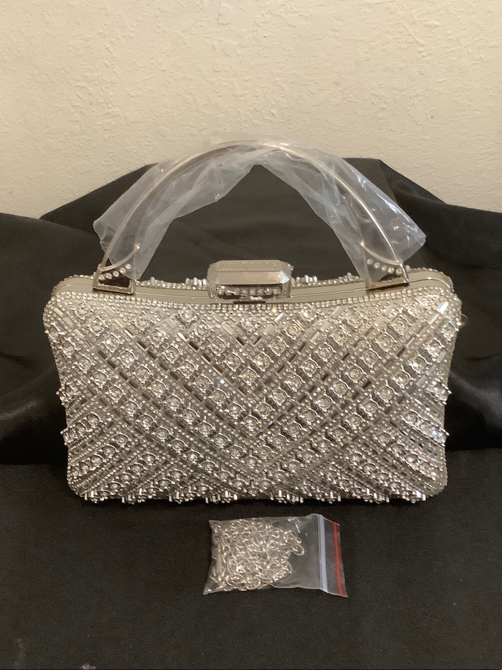 Crystal-Embellished Silver Evening Clutch Handbag